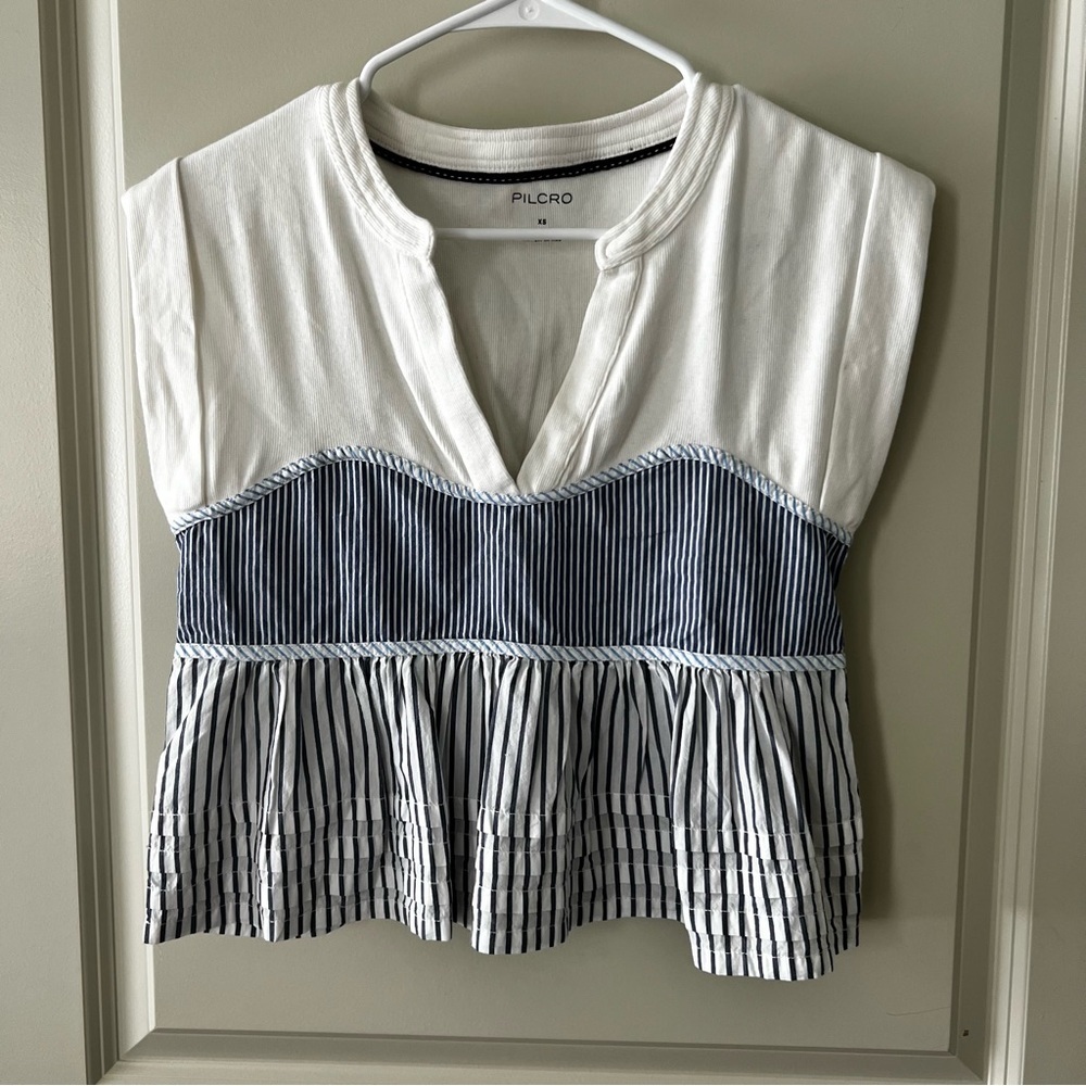 Anthropologie Pilcro White and Navy Striped Cropped Peplum Top